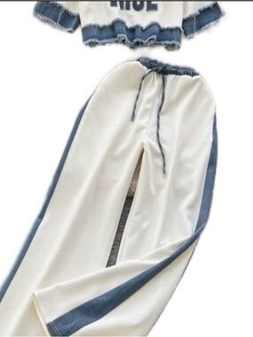 White Wide-Leg Track Pants with Blue Side Stripe